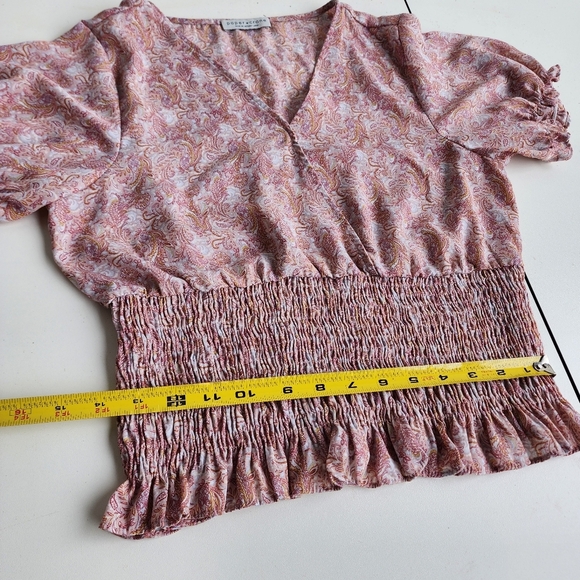 Paper Crane Puff Sleeve Smocked Top V Neck Pink Rose Summer Floral Rayon Sz L - Picture 7 of 11